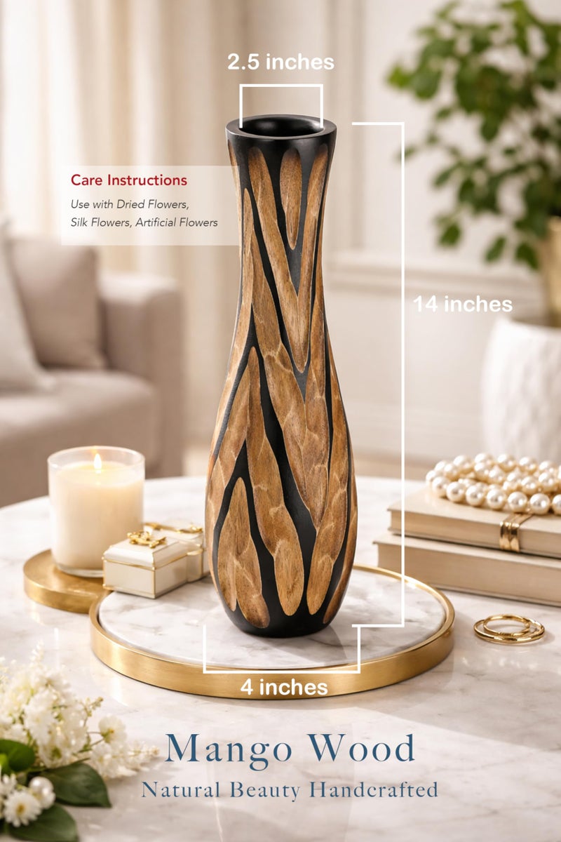 AeraVida Beautifully Hand Carved Etched Dark Brown Mango Tree Wood Vase | 14 inch | Classic Flower Vase - Image 2